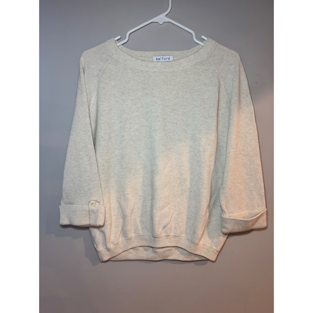 Belford Womens Cream Pima Cotton Knit Sweater Button Cuff 3/4 Sleeve Size M